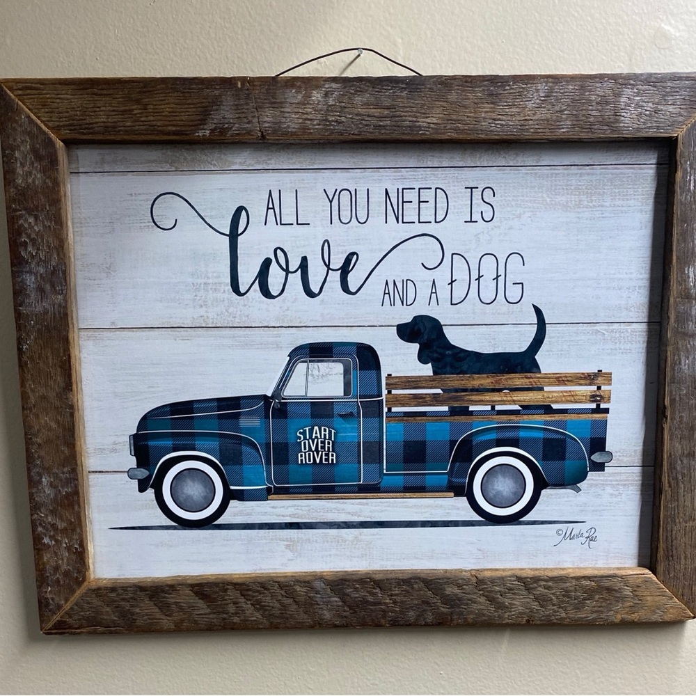Blue Plaid Truck Wall Art - Love and Dog Theme